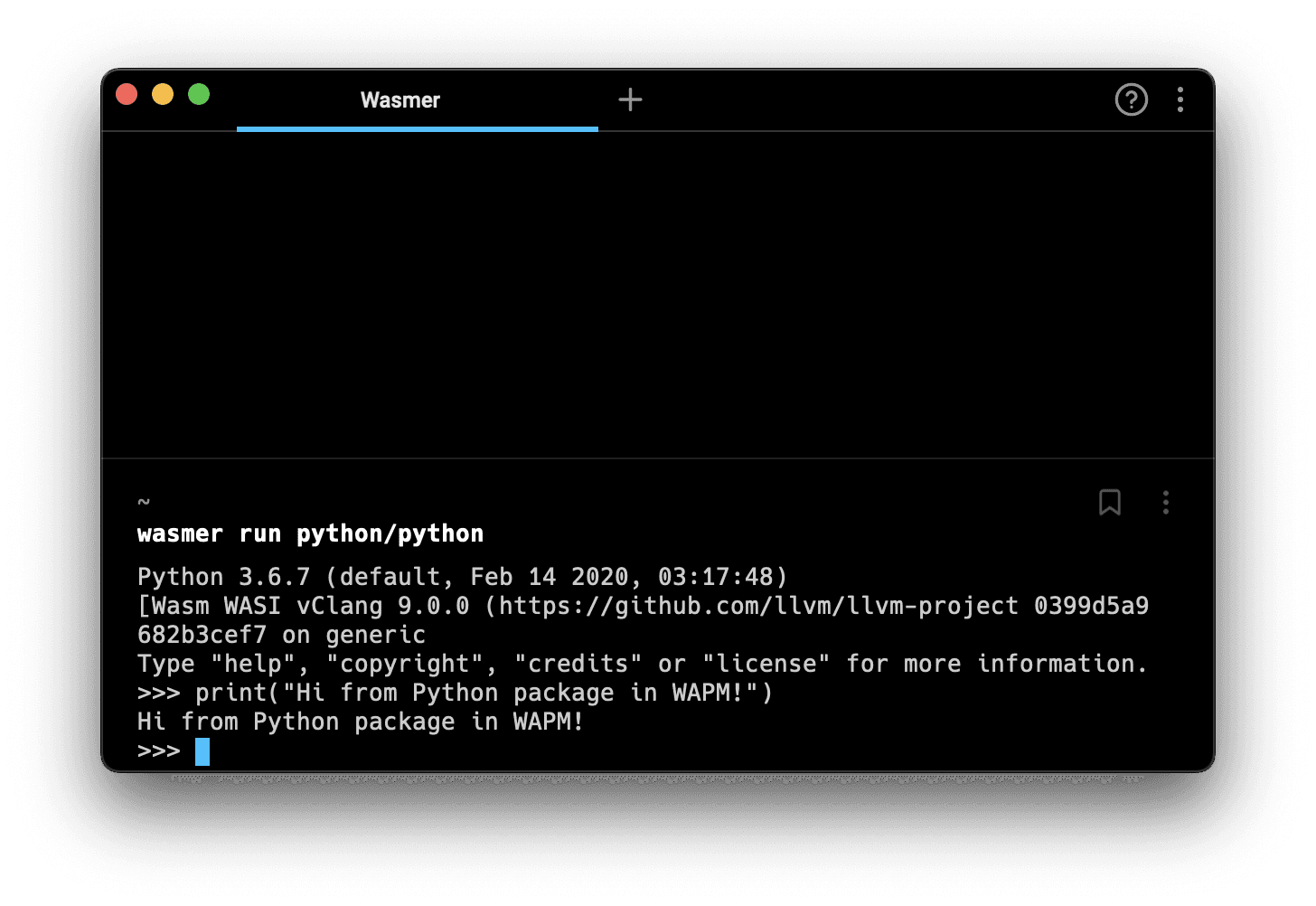 The wasmer CLI running python in the Warp terminal