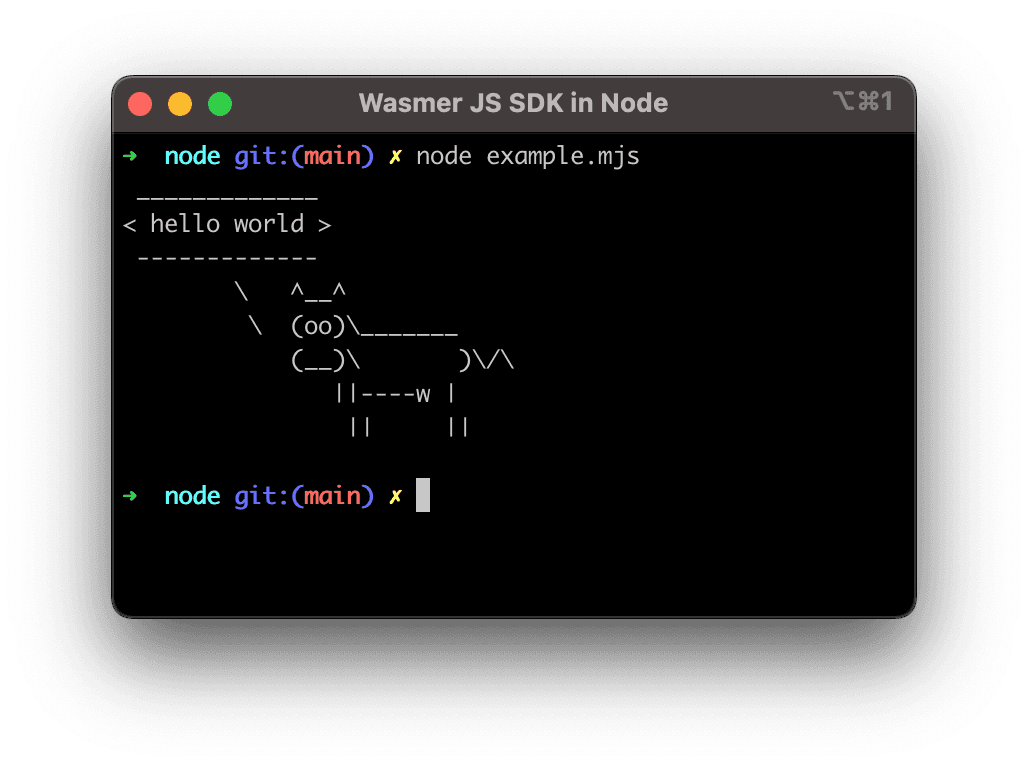 Screenshot of Wasmer JS SDK running in Node.js