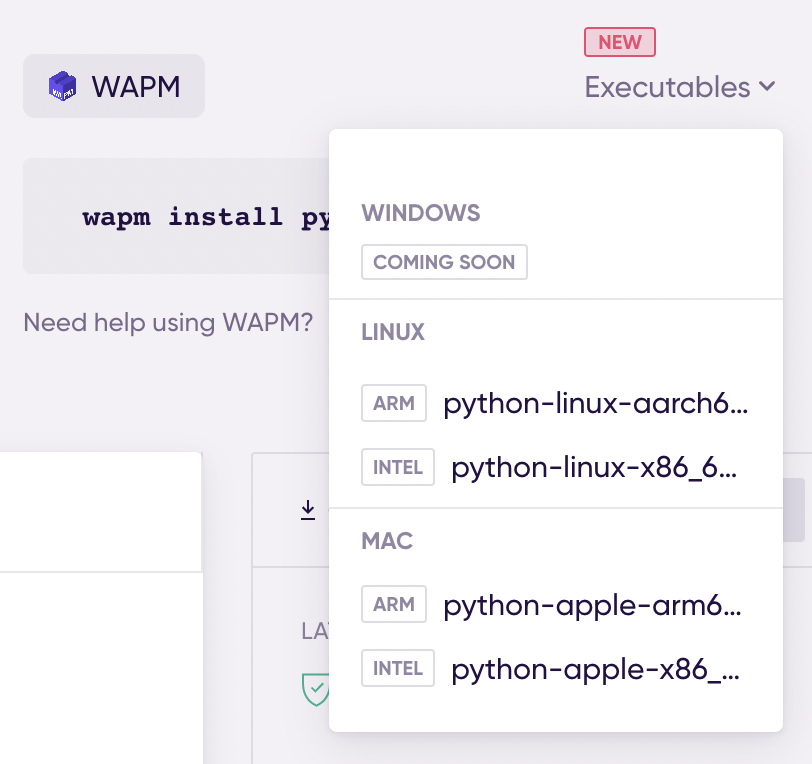 Executables in the Python WAPM package page
