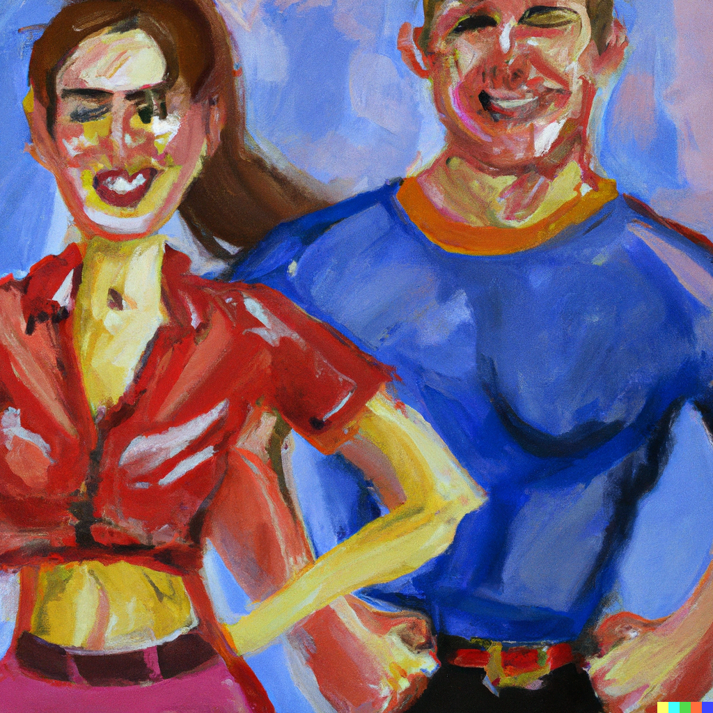 DALL·E generated image: oil painting of a happy WOMAN AND happy MAN, BOTH with the attitude of being in charge, with both fists on their waists.png